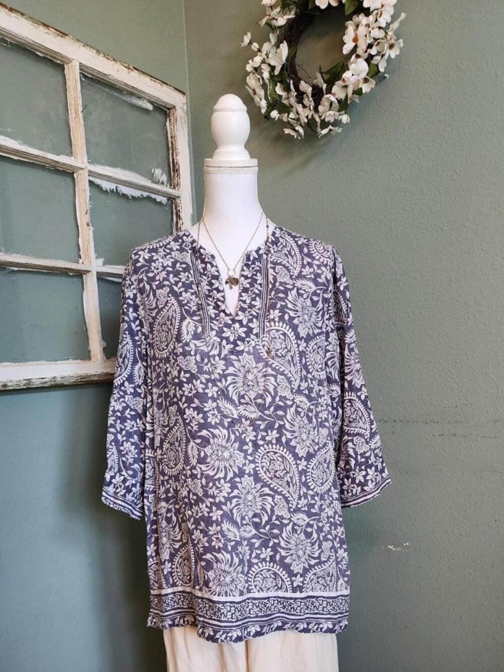 Sigrid Olsen Women's White and Blue Blouse 100%Linen Size M